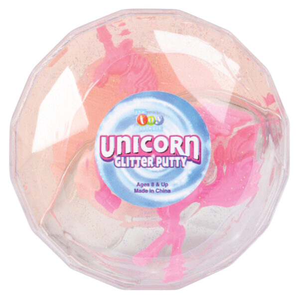 Unicorn Glitter Putty  71021
Fun to bounce and stretch! Each container of glittery putty houses a magical unicorn 
figure (approx. 1 1/2 in size)! Assorted colors. Putty container: approx. 2 1/4 in diameter.?
12/Display